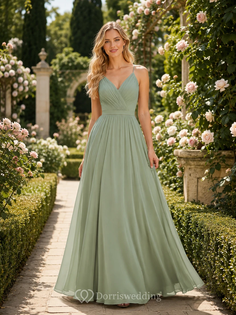 Sage Garden A-Line Chiffon Bridesmaid Dress with Sleeveless V-Neck Straps Bodice, Pleated Floor-Length Skirt and Low V Strappy Back