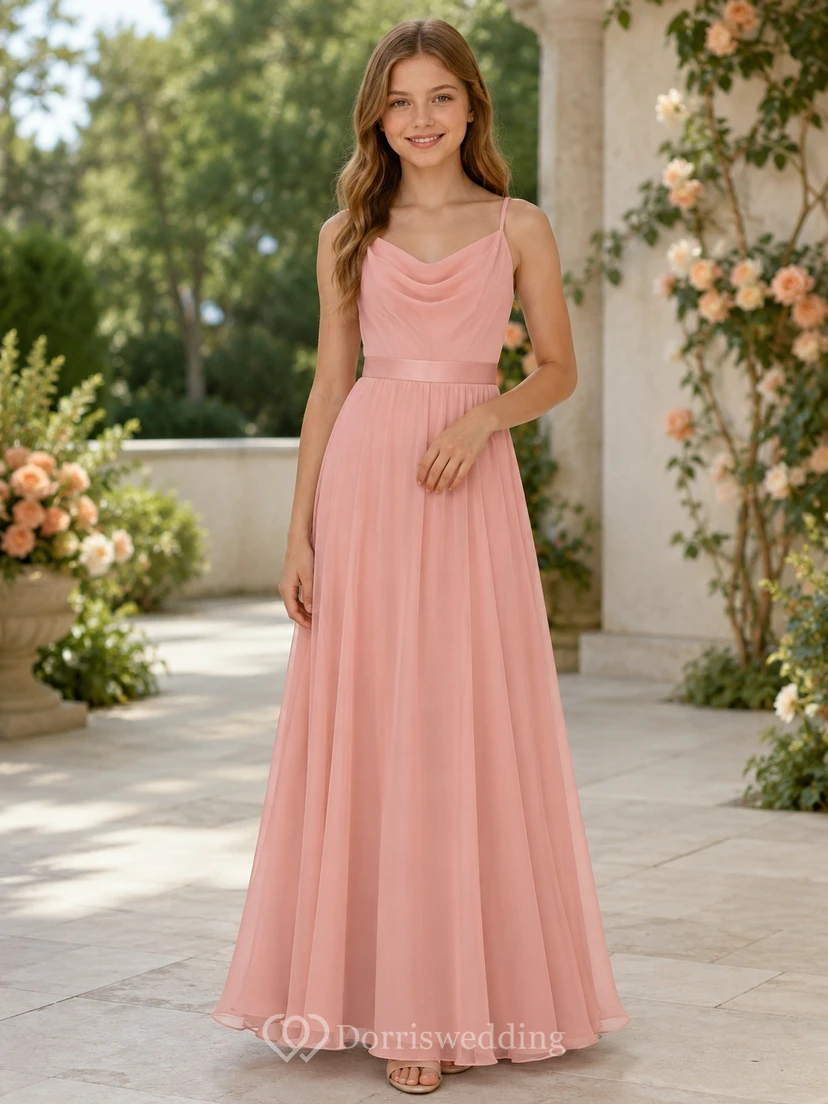 Korallenfarbenes, elegantes A-Linien-Brautjungfernkleid aus Chiffon mit Spaghettiträgern und Wasserfallausschnitt, ärmellos