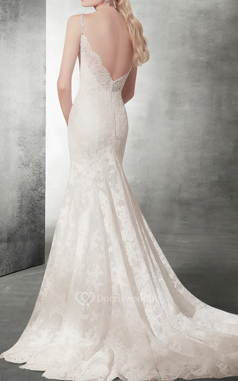 Sexy Mermaid V Neck Lace Wedding Dress view 2