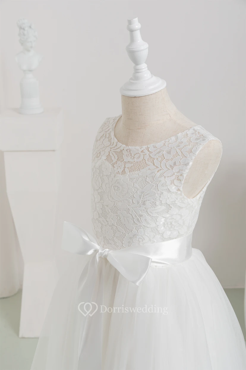 First Communion White Lace Tulle Flowergirl Dress with Bow view 6