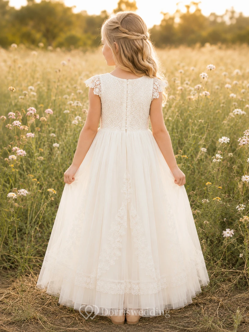 Lace Bodice Tulle A-Line Flower Girl Dress with Short Sleeves, Jewel Neck and Tea-Length Skirt view 2