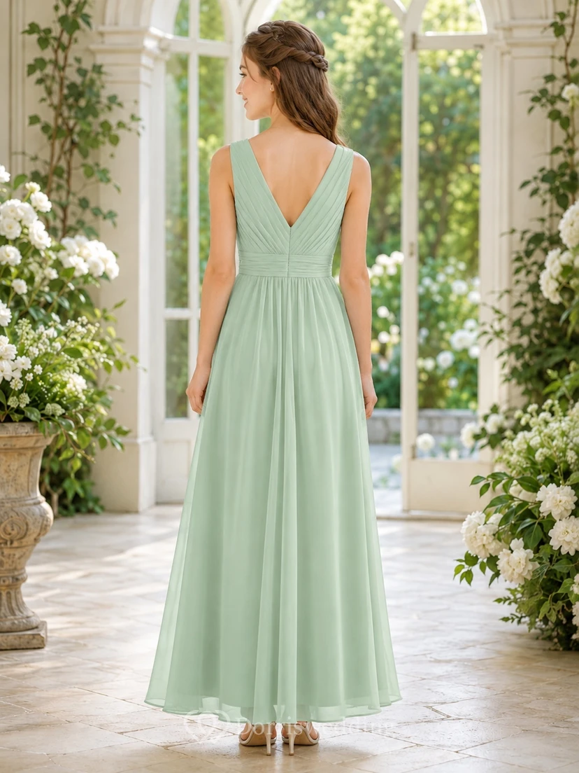 Vestido de dama de honor juvenil color celadón, corte en A, largo hasta la rodilla, escote en V, sin mangas, gasa, elegante y formal. view 2