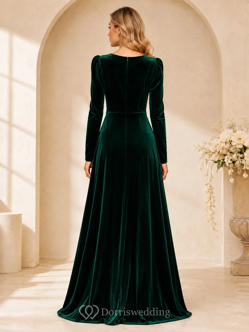 Dark Green Velvet Long Sleeve Jewel Neck A-Line Floor Length Luxury Gown view 2