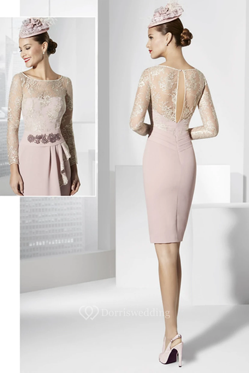 Pencil Long Sleeve Scoop Neck Short Mini Appliqued Jersey Prom Dress With Draping view 2