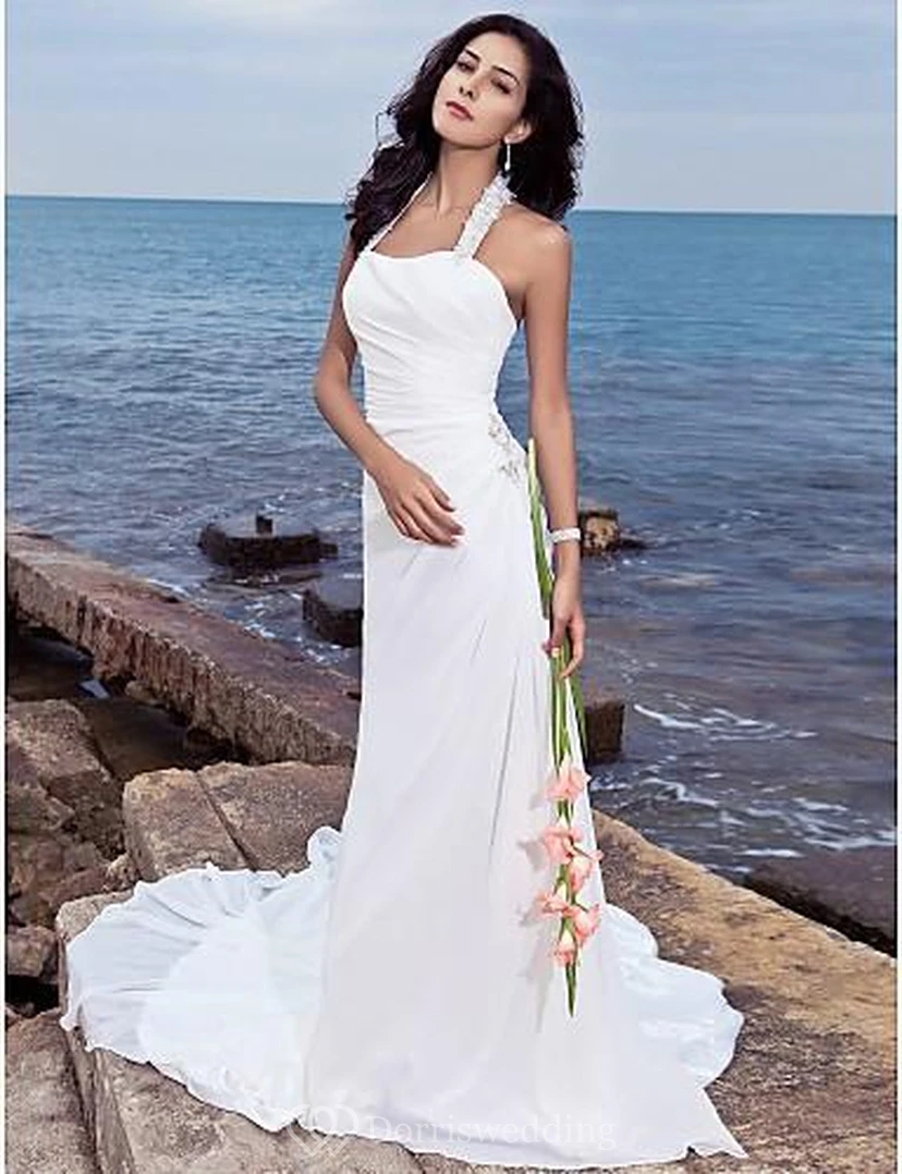 sheath Halter Court Train Chiffon Beach Wedding Dress view 5