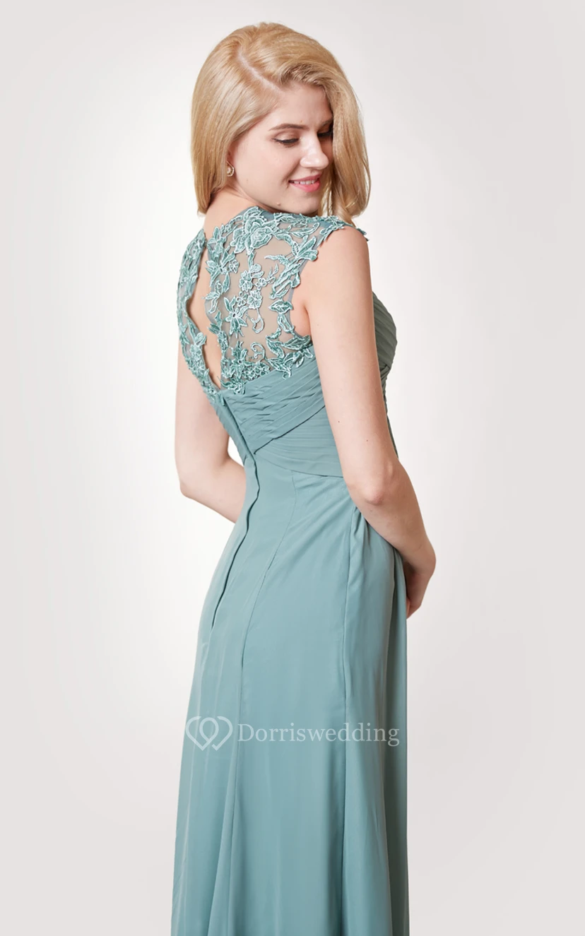 Graceful Cap-sleeved Empire Chiffon A-line Gown Lace Appliques view 3