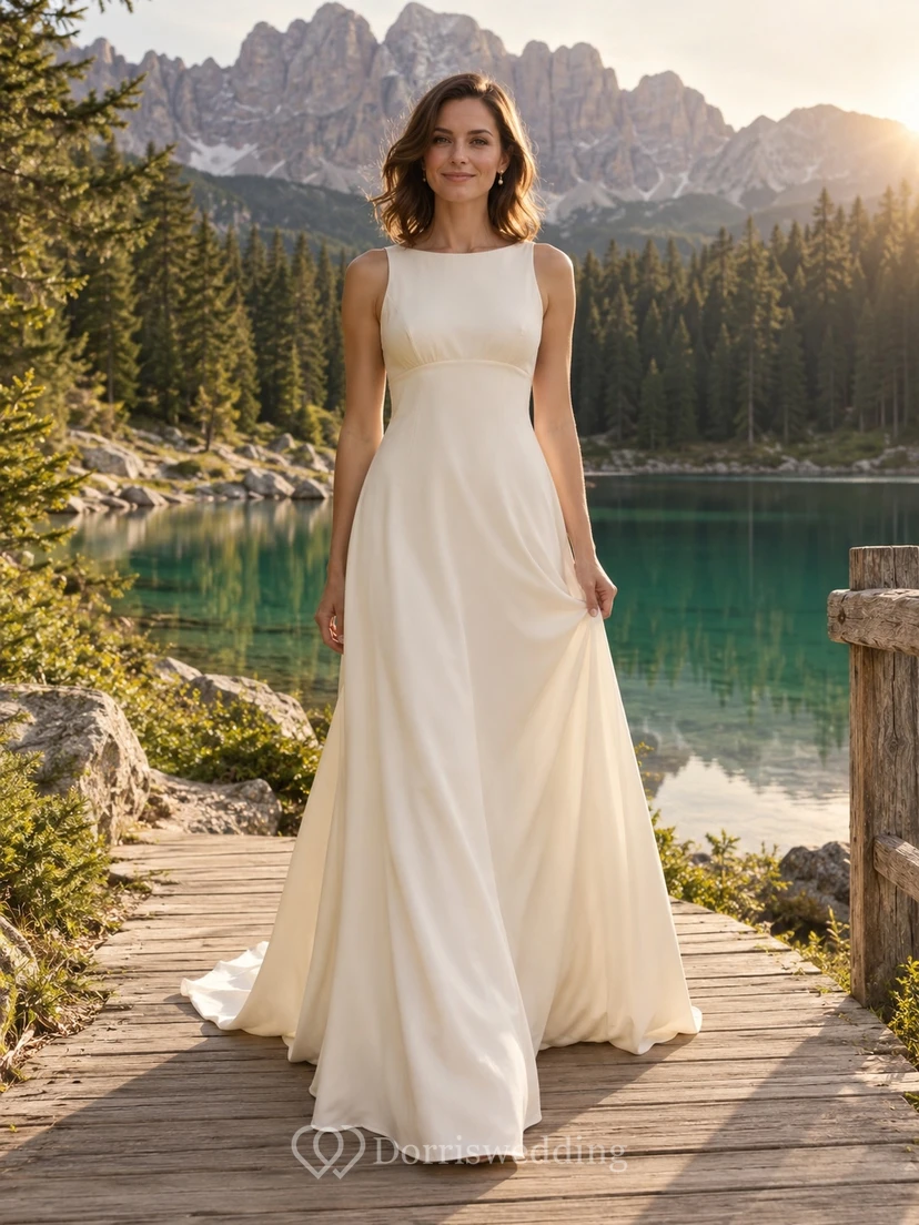 Vestido de novia sencillo de crepé de China con escote joya, sin mangas, corte en A y cola larga.