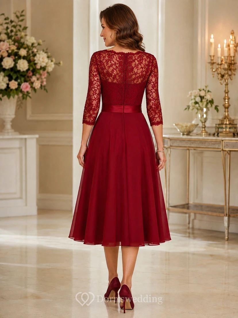 Burgundy Anniversary Lace Jewel Neck 3/4 Sleeve Satin A-line Tea-length Formal Dress view 2