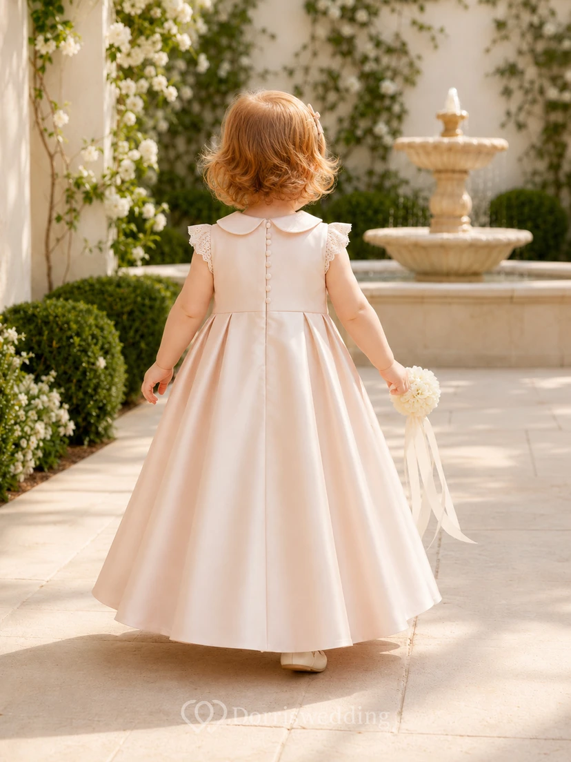 Champagnerfarbenes, mattes Satin-Taufkleid in A-Linie, Teelänge, mit abgerundetem Kragen, klassisch schlicht view 2