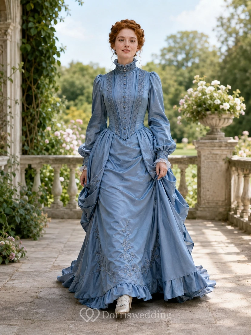 Steel Blue High-Neck Long-Sleeve Taffeta Ball-Gown Floor-length Sweep Bustled Vintage Formal Gown