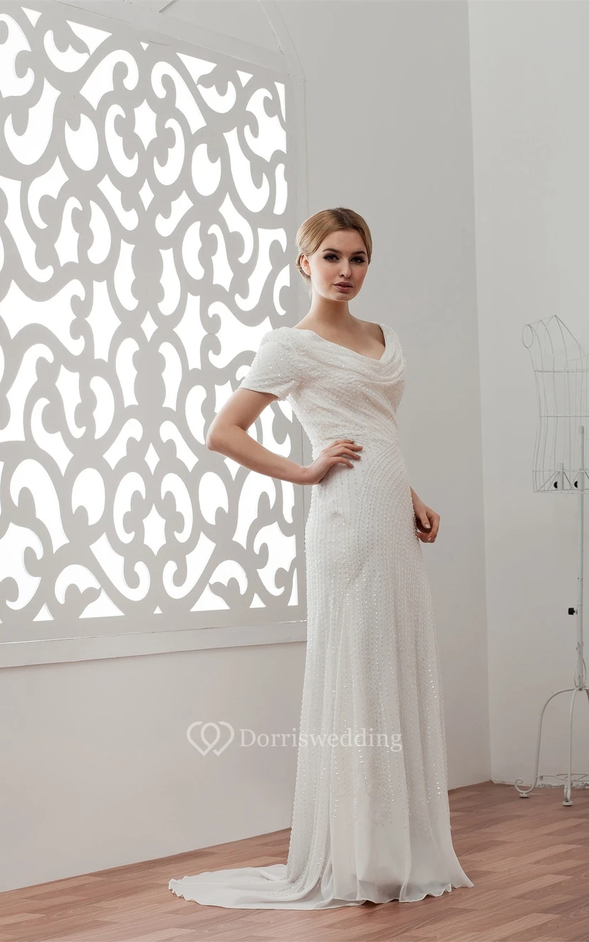 Mini-Sleeve Sheath V-Neck Sweep Train and Dress With Beading view 7