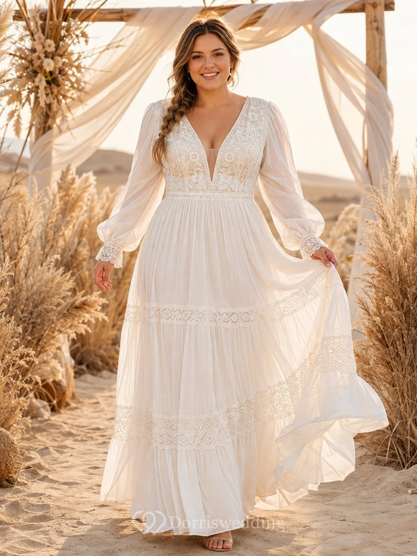 Plus Size Langarm-Chiffon-Empire-Stufenkleid im Boho-Stil mit V-Ausschnitt und langen Ärmeln
