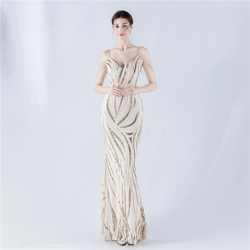 Sequined Striped Color Matching Slim Dinner Host Suspender Long Dress For Women view 20