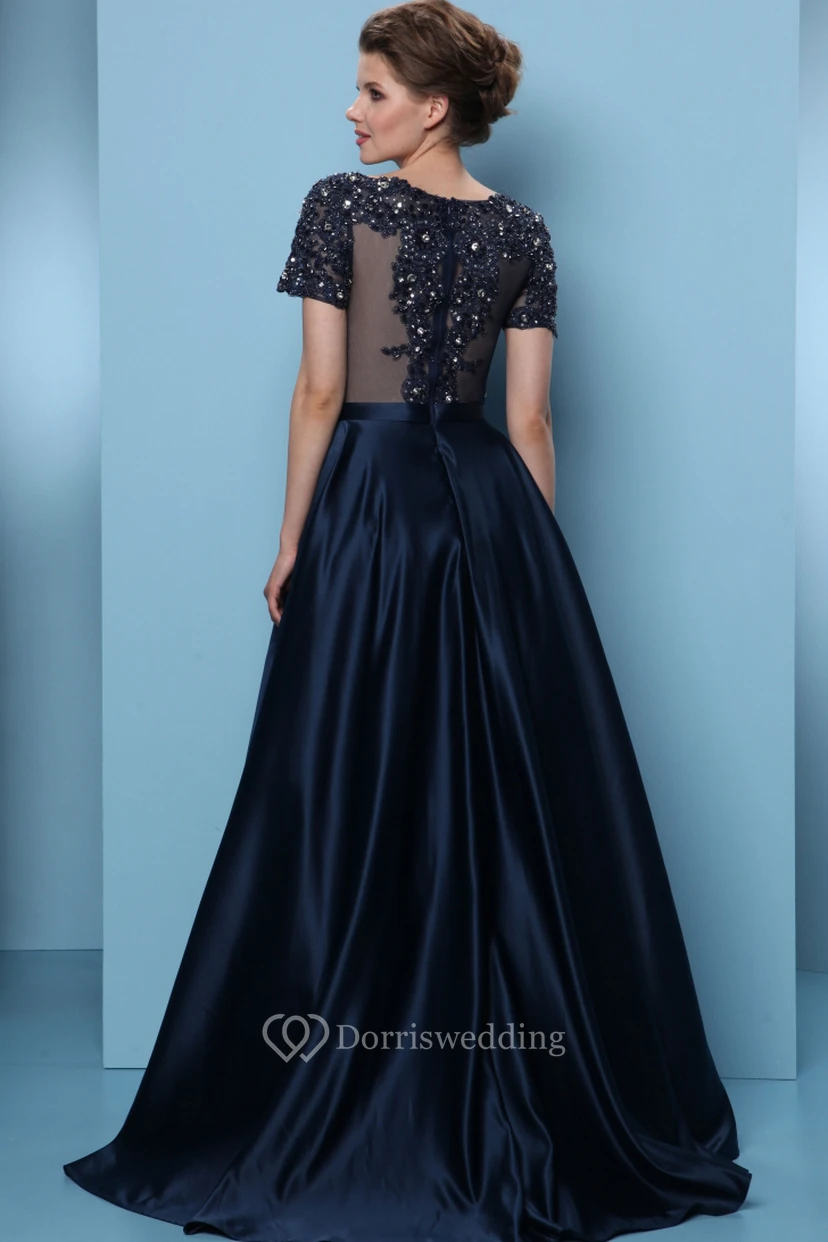 A-Line Long Short-Sleeve Crystal Scoop-Neck Satin Prom Dress With Pleats view 2