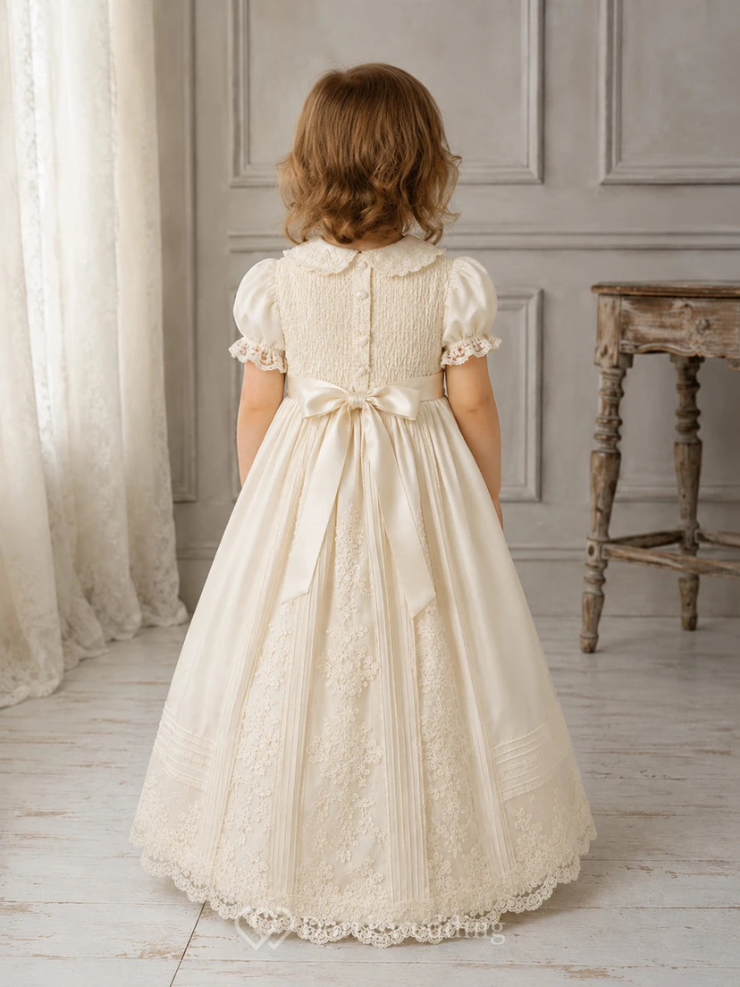 Vintage Christening Gown A-Line Cotton Lace Jewel Neck Full-Length Bow Back view 2
