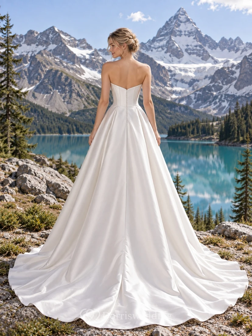 Vestido de novia palabra de honor con escote corazón, corpiño con paneles, satén duquesa, vestido de gala con cola larga. view 2
