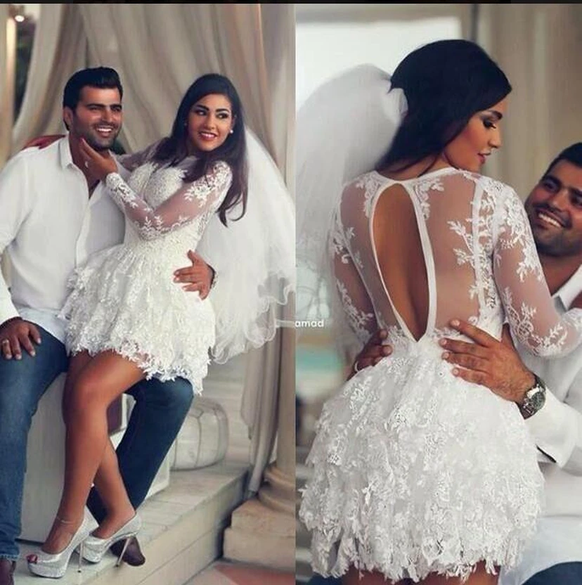 Kurzes weißes Homecoming-Kleid mit zarten Spitzenapplikationen und langen Ärmeln view 2