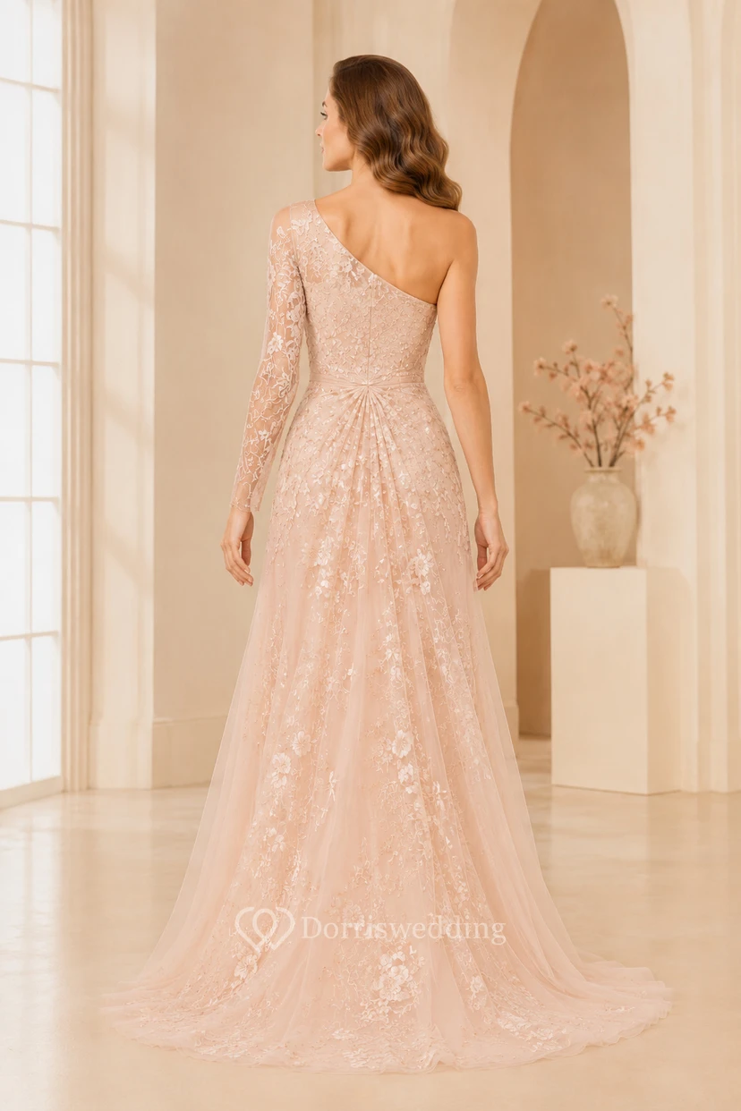 Blushing Pink One-Shoulder Glitter Tulle A-Line Formal Dress with Applique view 2