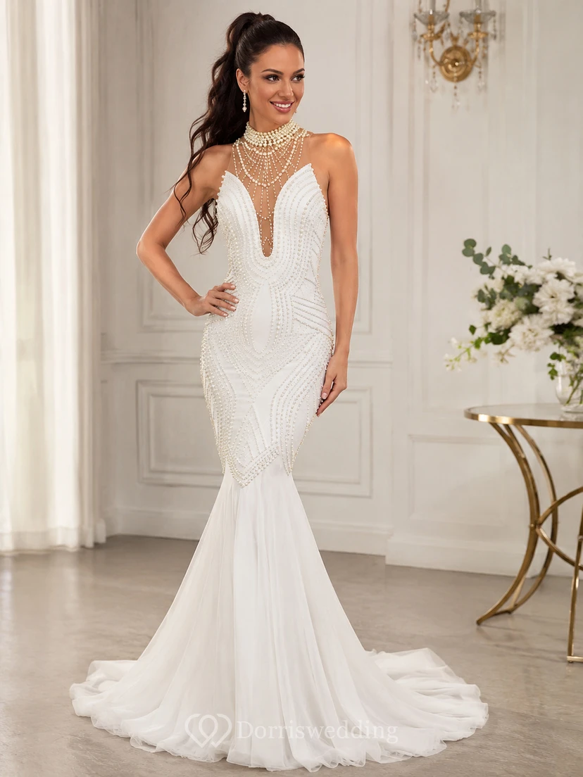 Beautiful Sleeveless Pearls Mermaid Prom Dresses Floor Length