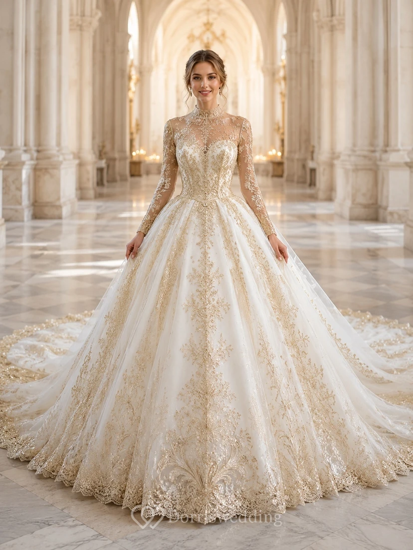 Goldenes, königliches Spitzenballkleid, Brautkleid mit hohem Kragen, langen Ärmeln, bodenlangem Kathedralenschleppen, Luxus