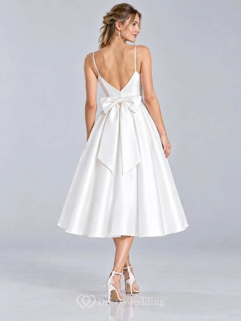 Tea-length Simple V Neck Satin Strappy Pocket Bow Bridal Dress view 2