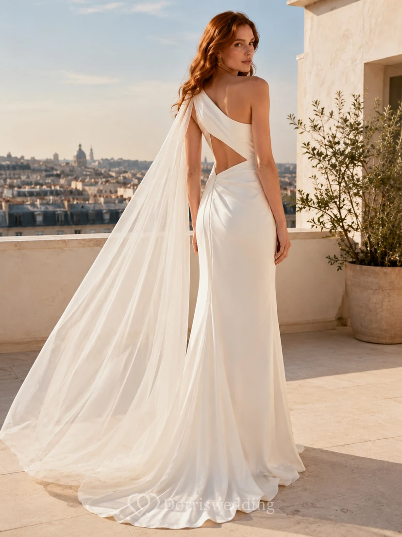 Robe de mariée élégante en satin et mousseline de soie, asymétrique, sans manches, fourreau, traîne et dos nu. view 2