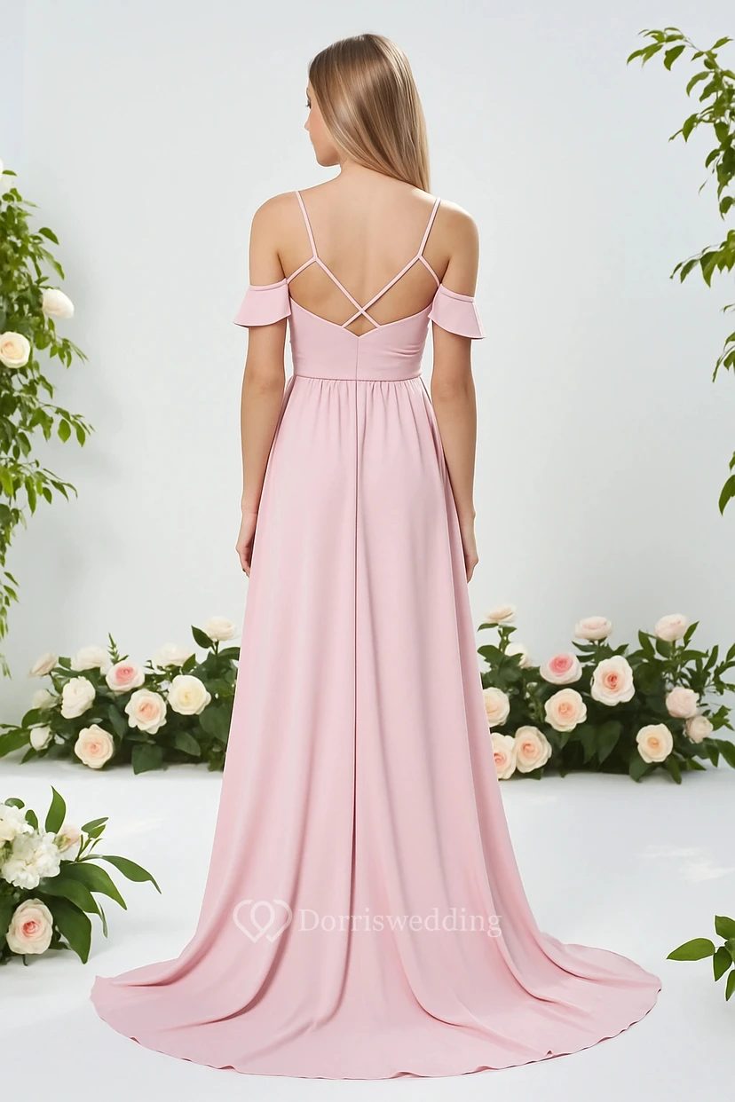 Chiffon Spaghetti Pink Empire Dress with Sweep Train view 2