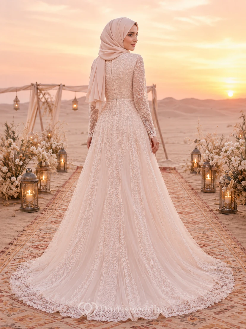 Boho-Hochzeitskleid aus muslimischer Spitze mit langen Ärmeln und A-Linien-Schnitt view 2