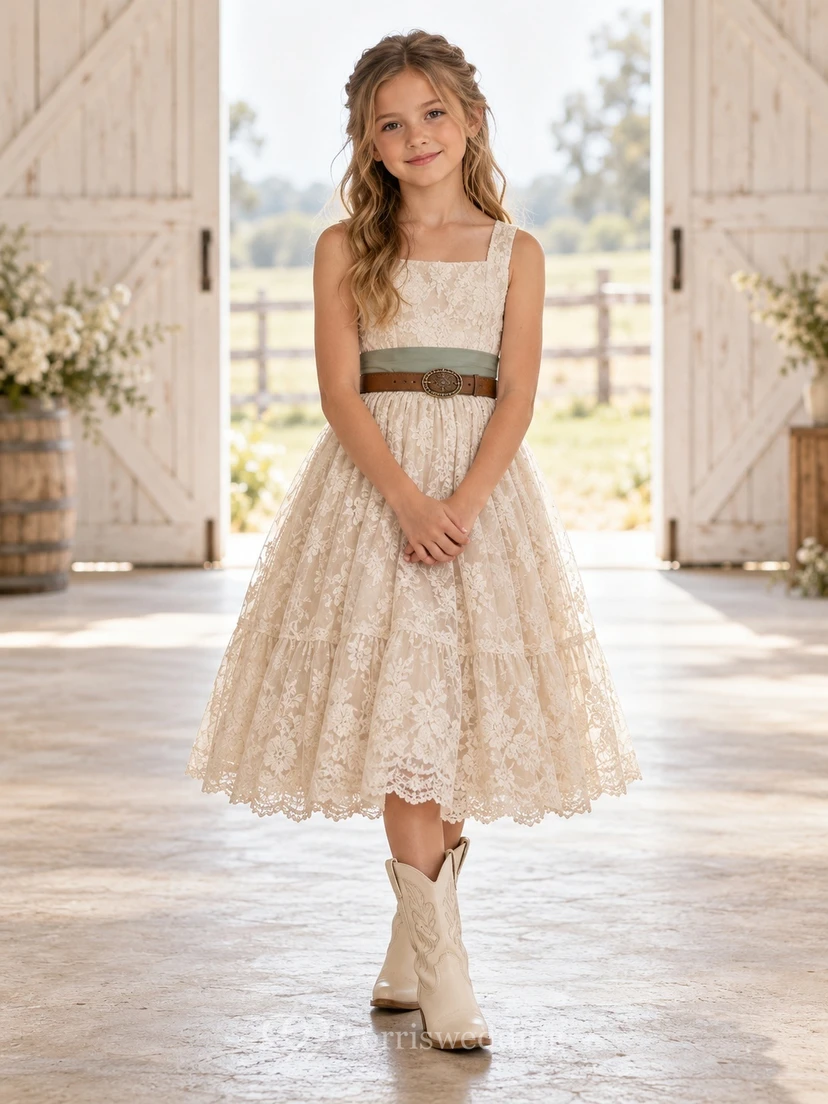 Country Ivory Square Neck Belted Lace Flower Girl Dress