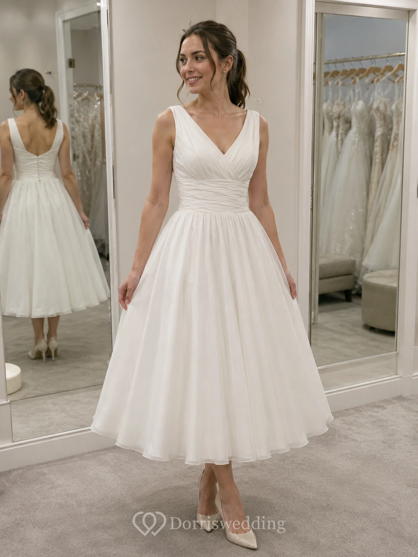 Vestido de novia corto de gasa sin mangas con escote en V, largo hasta la rodilla, fruncido y espalda baja en V. view 8