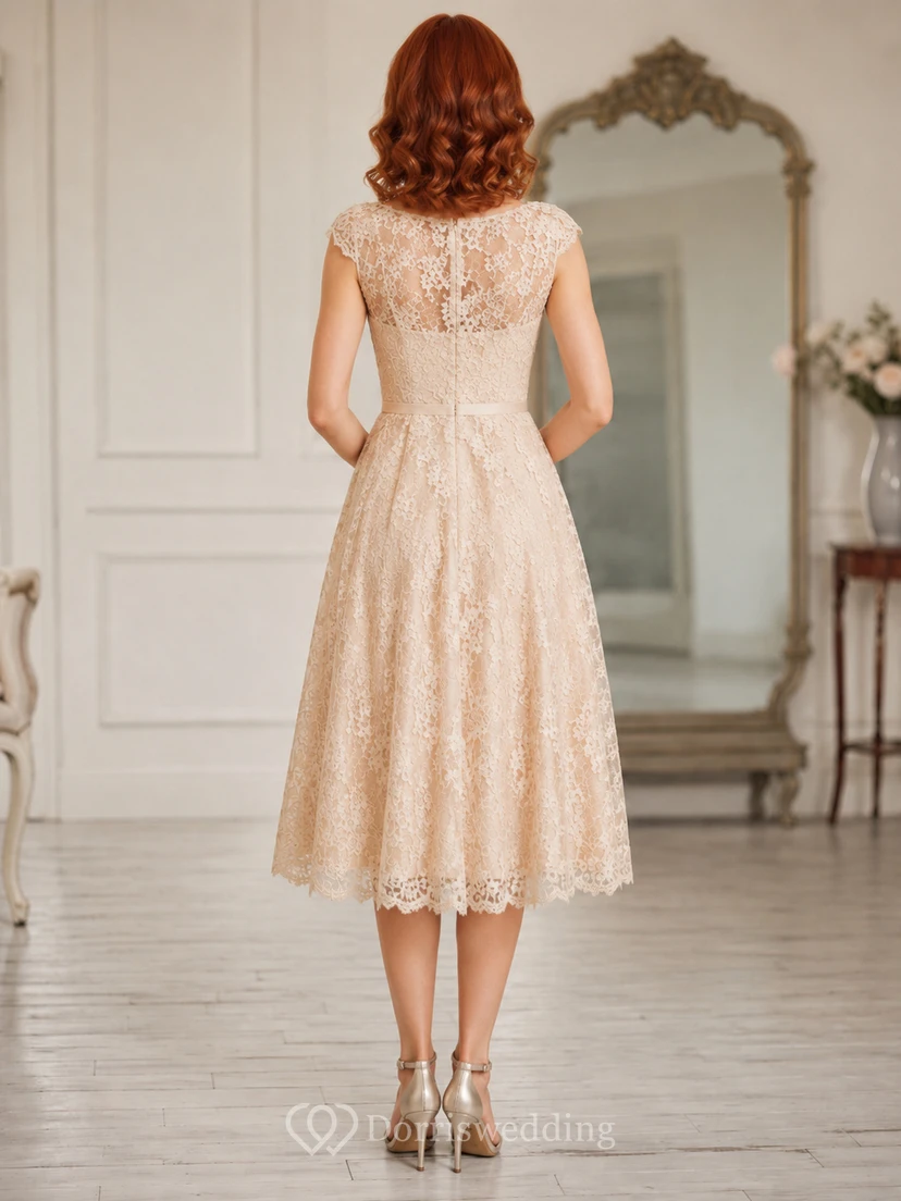 Vintage Salon Champagne A-Line Tea-Length Bateau Short-Sleeve Lace Guest Dress view 2
