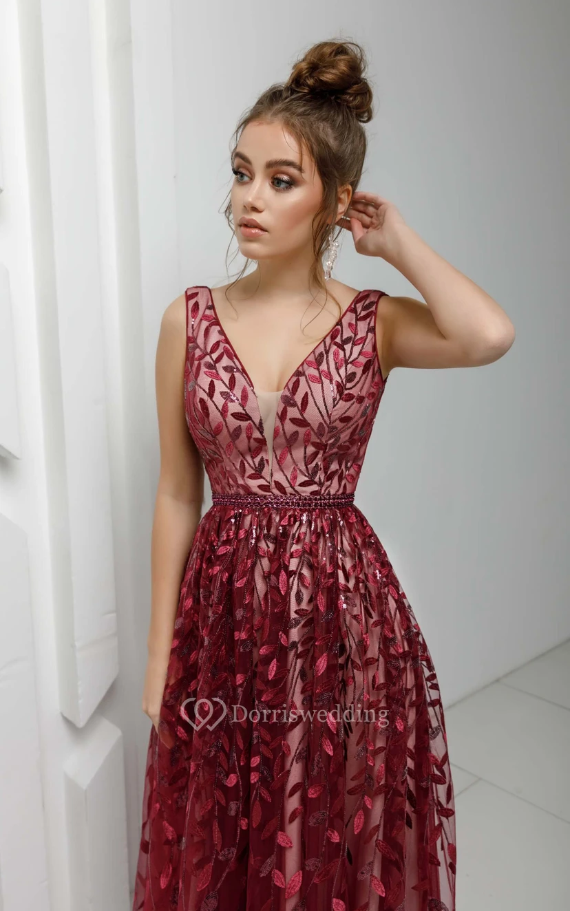 Ärmelloses, bodenlanges Ballkleid mit V-Ausschnitt, A-Linie, Empire-Schnitt und Stickerei view 5