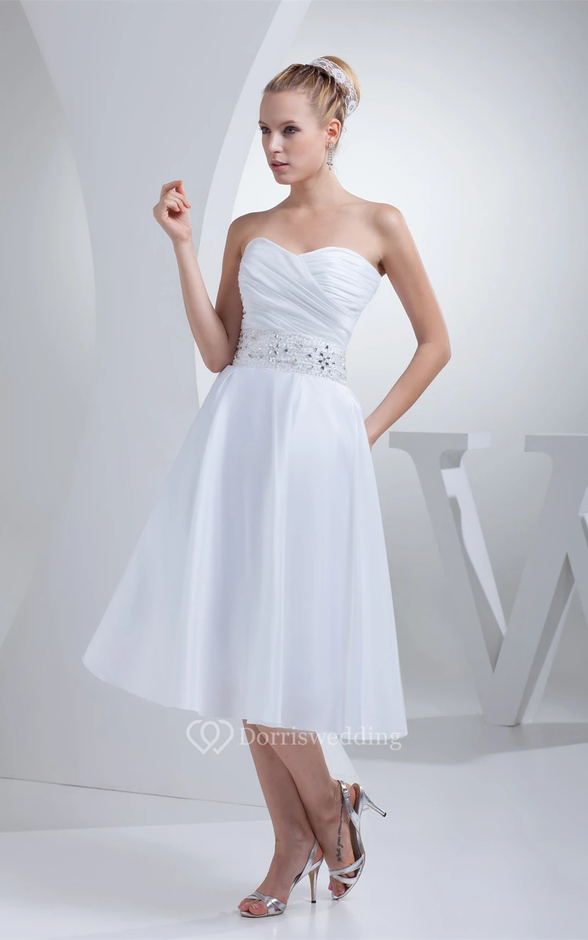 Sweetheart A-Line Tea-Length Jeweled Waist and Dress With Ruching view 2