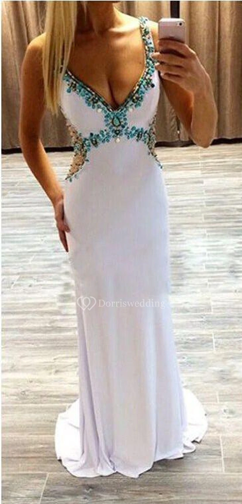 Glamorous Beadings Crystal V-Neck Evening Dress Sleeveless Long Party Gowns