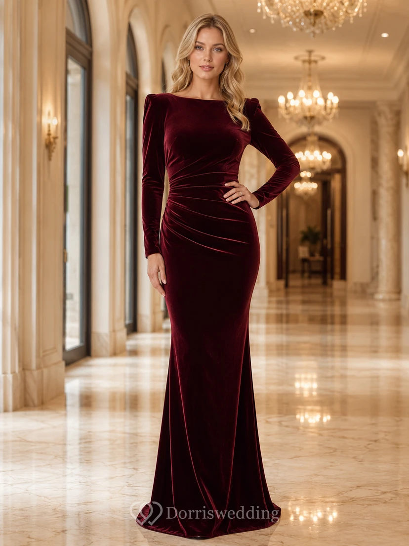 Burgundy Bateau Velvet Long Sleeve Evening Dress