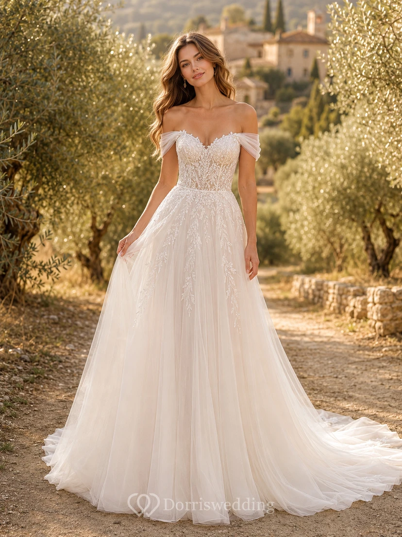 Tulle Wedding Dress A-Line Off Shoulder Sweep Train Ruffle Detail Low V Back Bridal Gown