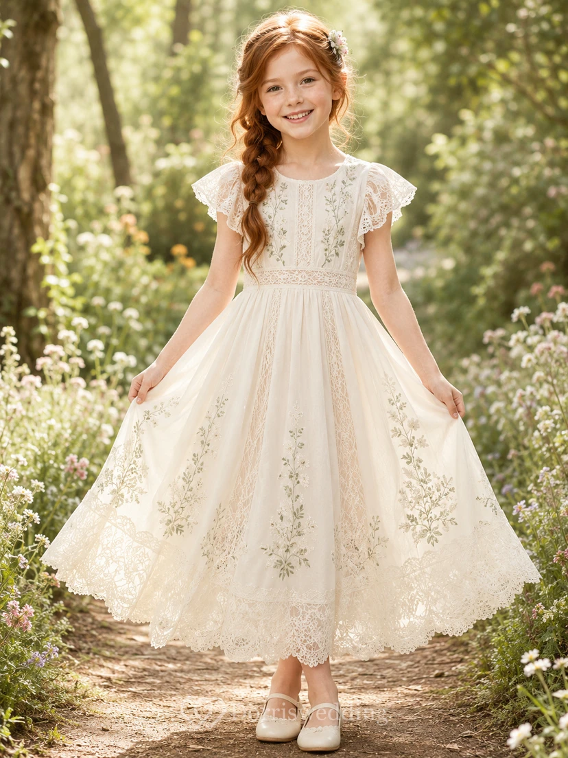 Romantisches Boho-Gartenkleid aus Tüll mit Blumenstickerei, Teelänge und Blütenblattärmeln