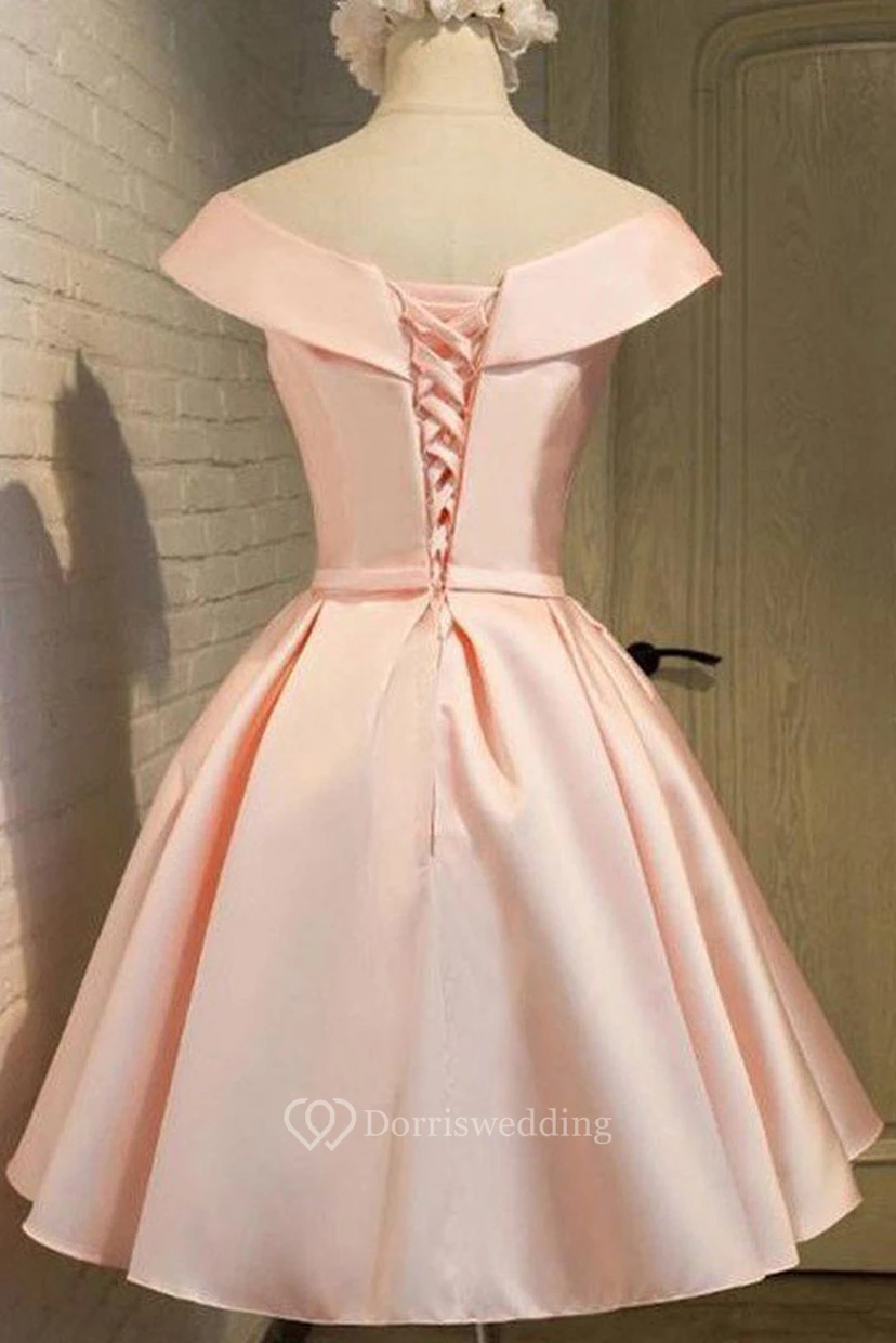 Ballkleid, kurzärmelig, aus Satin, schulterfrei, V-Ausschnitt, Schnürung, wadenlang, Homecoming-Kleid view 4