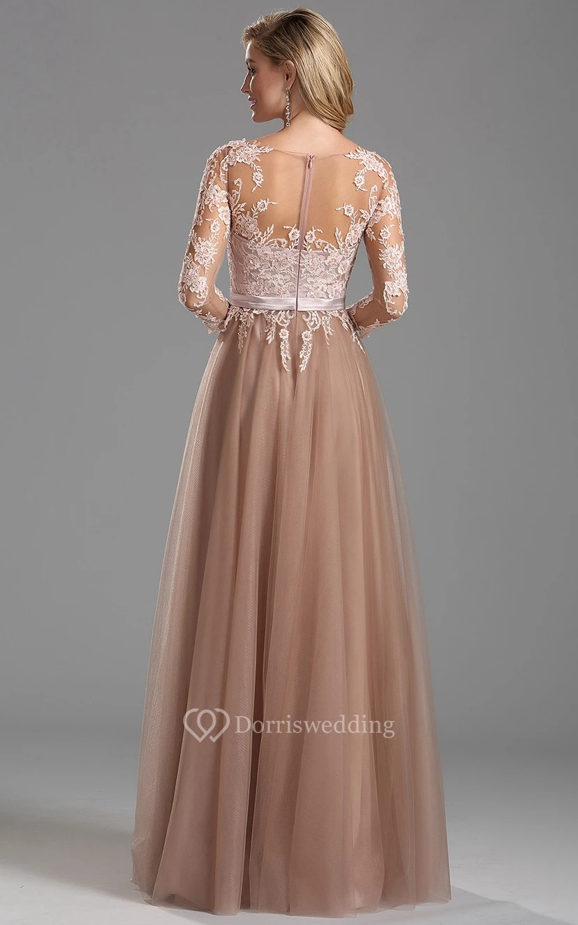 Empire Floor-Length Bateau 3 Empire Tulle Appliques Zipper Dress view 2