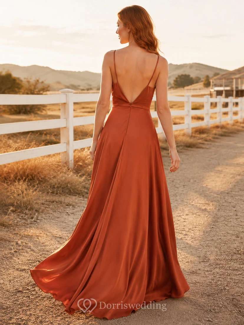 Terracotta Satin A-Line V-Neck Spaghetti Strap Draped Low Back Floor-Length Bridesmaid Dress view 2