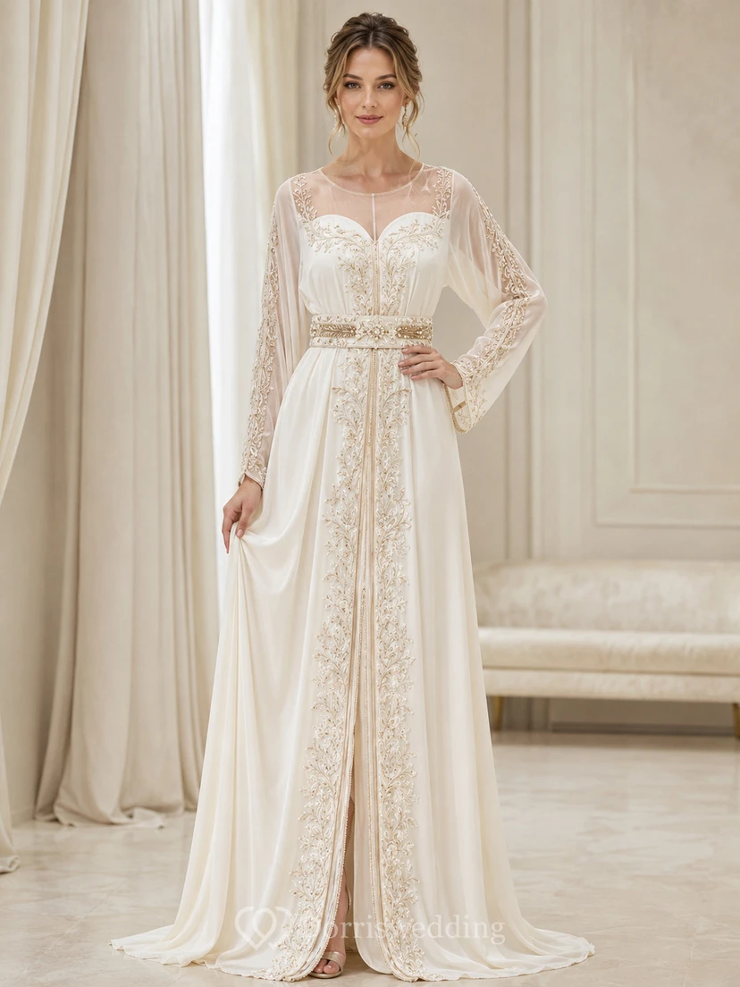 Robe de mariée caftan de luxe, coupe trapèze, col bijou, manches longues en dentelle illusion