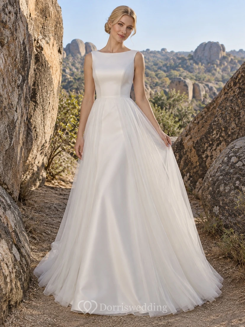 Vestido de novia sencillo, modesto, sin mangas, de satén y tul con escote barco y corte en A.