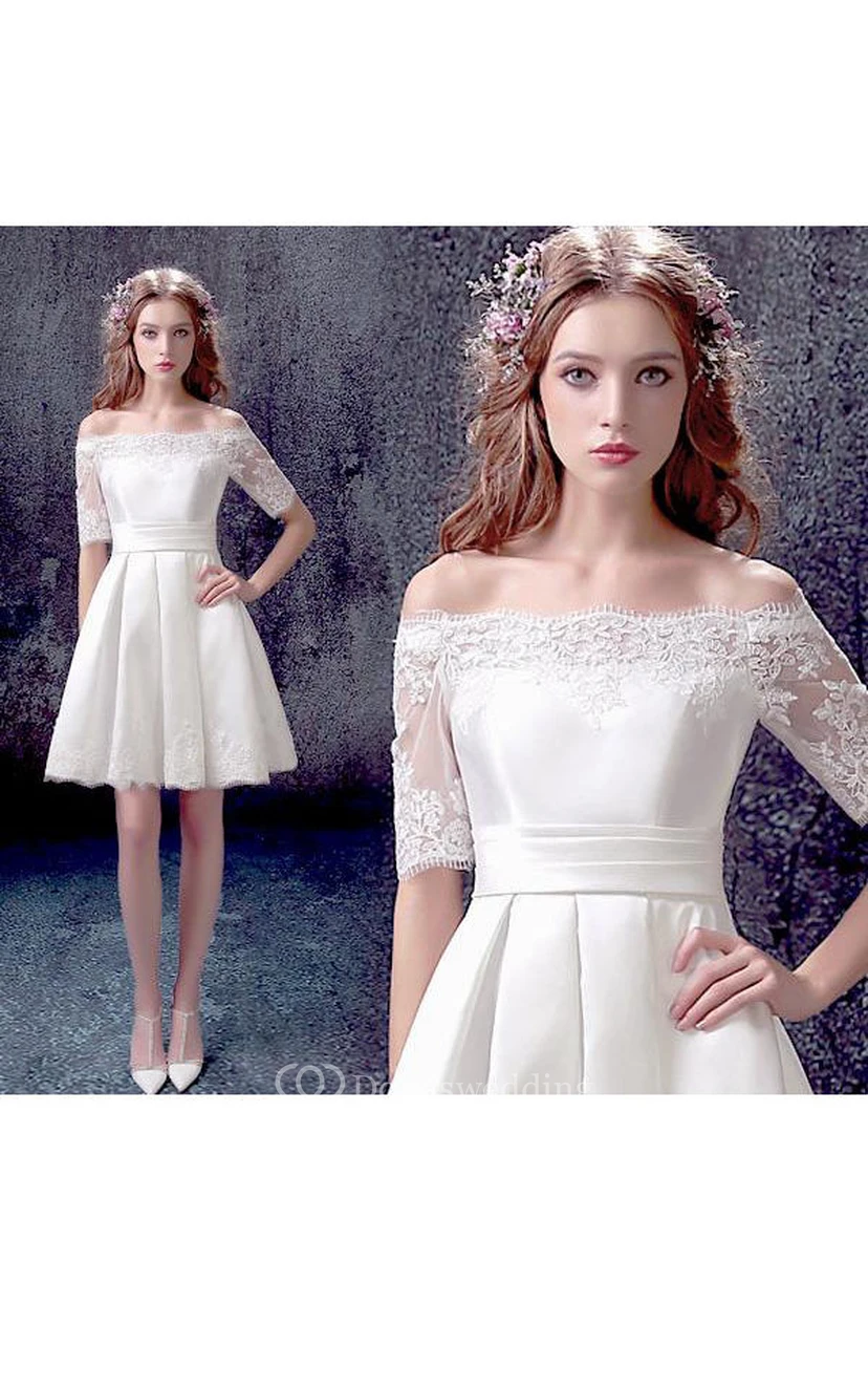 Half-sleeved A-line Short Satin Dress with Lace view 4