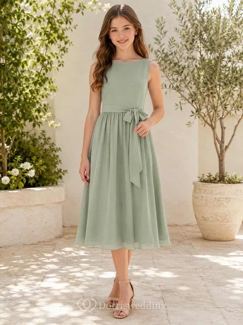 Celadonfarbenes Brautjungfernkleid für junge Mädchen, A-Linie, ärmellos, wadenlang, mit Schleifendetail, bezaubernd