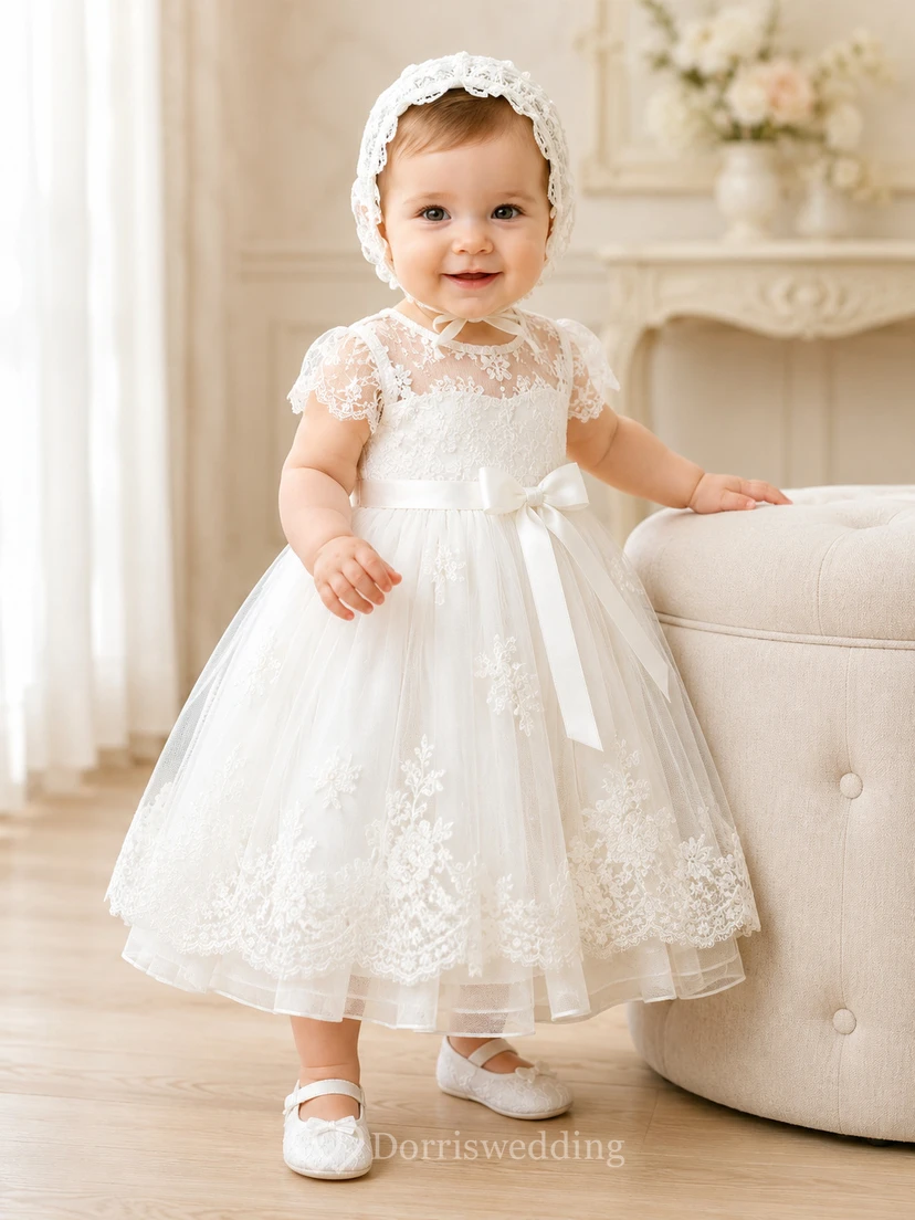 Baby Baptism Christening Ceremony Dress A-Line Tea-Length Jewel Neck Cap Sleeve Tulle Lace Bow Back Scalloped Hem