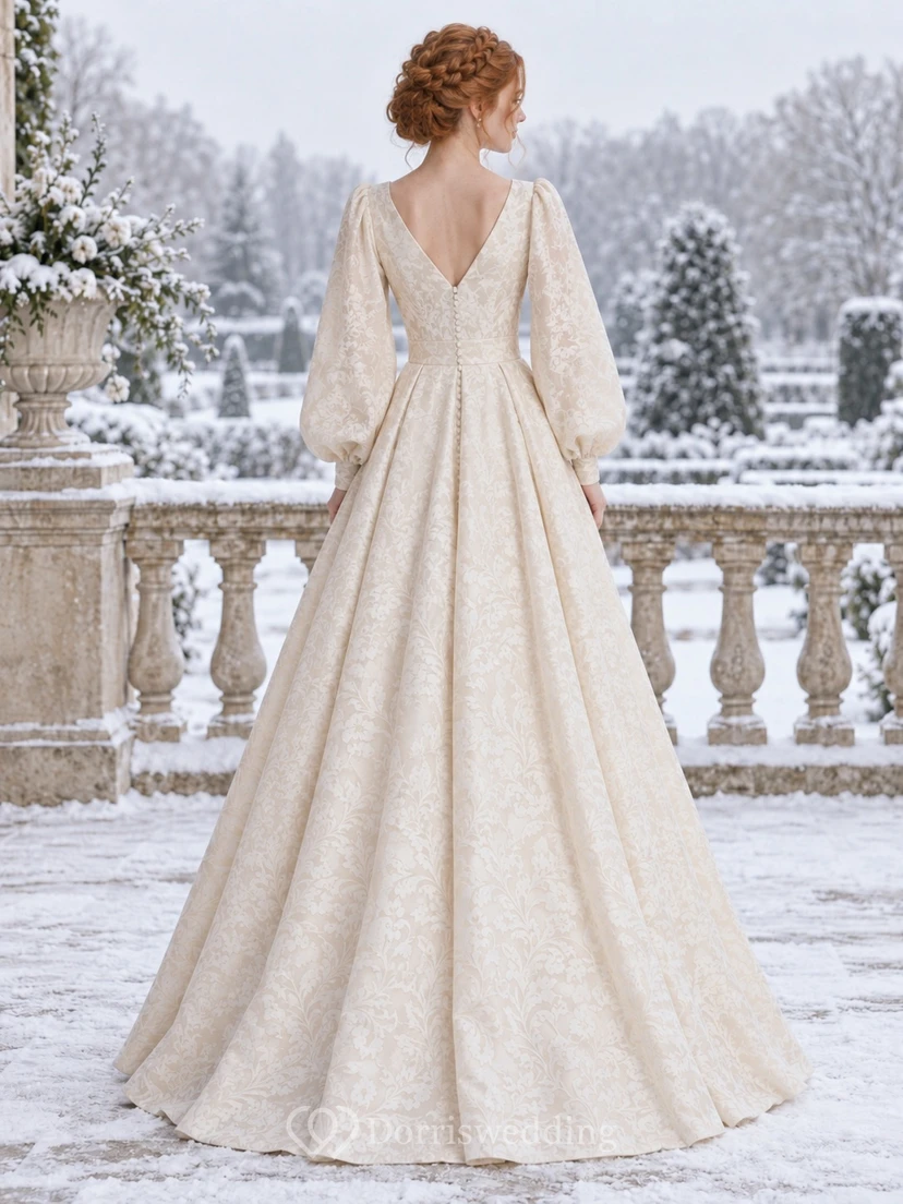 Vestido de novia de corte A con escote en V y mangas abullonadas largas y estampado jacquard floral view 2