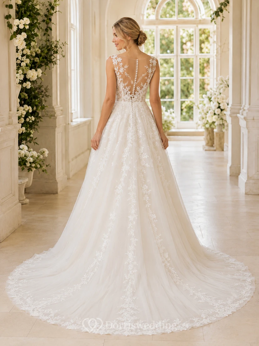 Robe de mariée trapèze en tulle et dentelle florale à col montant et manches courtes view 2