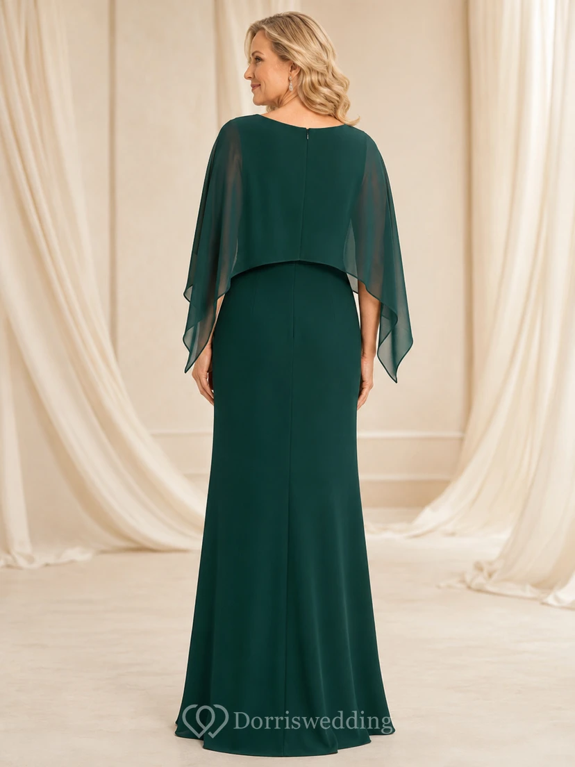 Dark Green Floor-Length Sheath Modest Mother of the Bride Dress with Scoop Neck Asymmetrical Chiffon Cape Overlay view 2