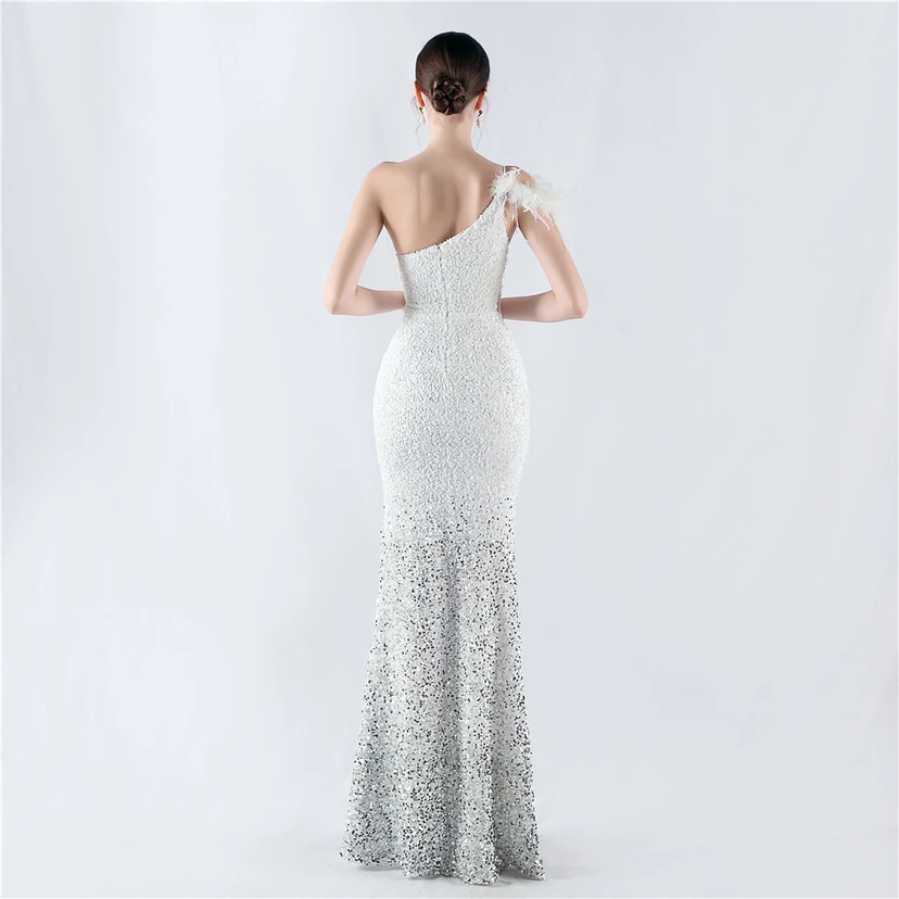 Gradient Velvet Bottom Sequins Craft Beading Ostrich Hair One-Shoulder Oblique Collar High-Slit Evening Dress view 6