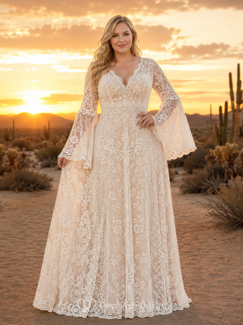 Plus Size Bell Sleeve Boho Lace Desert Wedding Dress